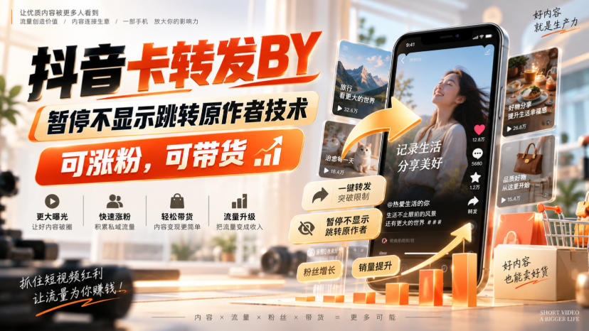 抖音卡转发搬运,暂停不显示跳转原作者技术,可涨粉,可带货-来聚吧