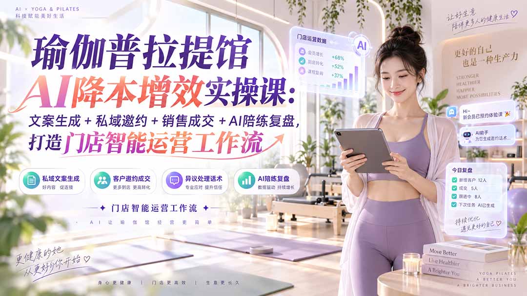 瑜伽普拉提馆AI降本增效实操课：文案生成+私域邀约+销售成交+AI陪练复盘，打造门店智能运营工作流-来聚吧
