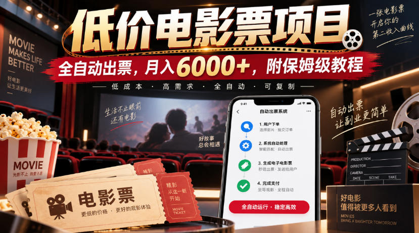 低价电影票项目,全自动出票,月入6000+,附保姆级教程【揭秘】-来聚吧
