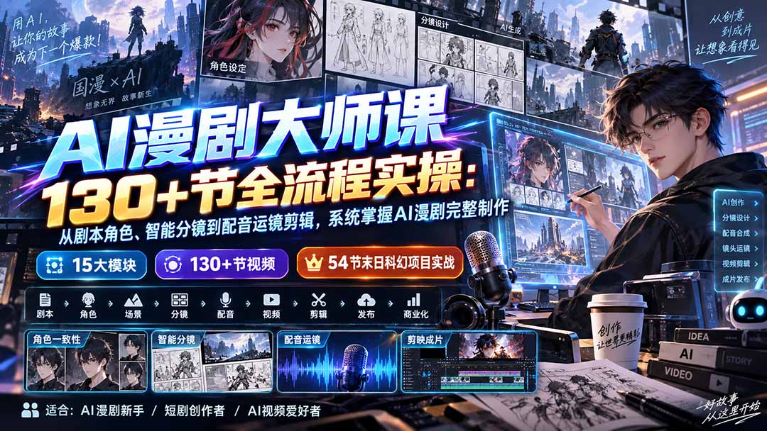 AI漫剧大师课130+节全流程实操：从剧本角色、智能分镜到配音运镜剪辑，系统掌握AI漫剧完整制作-来聚吧