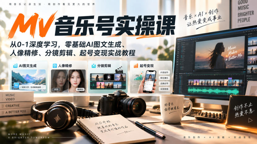 AI MV音乐号实操课,从0-1深度学习,零基础AI图文生成、人像精修、分镜剪辑、起号变现实战教程-来聚吧