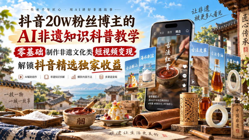 抖音20W粉丝博主的AI非遗知识科普教学,零基础制作非遗文化类短视频变现,解锁抖音精选独家收益-来聚吧