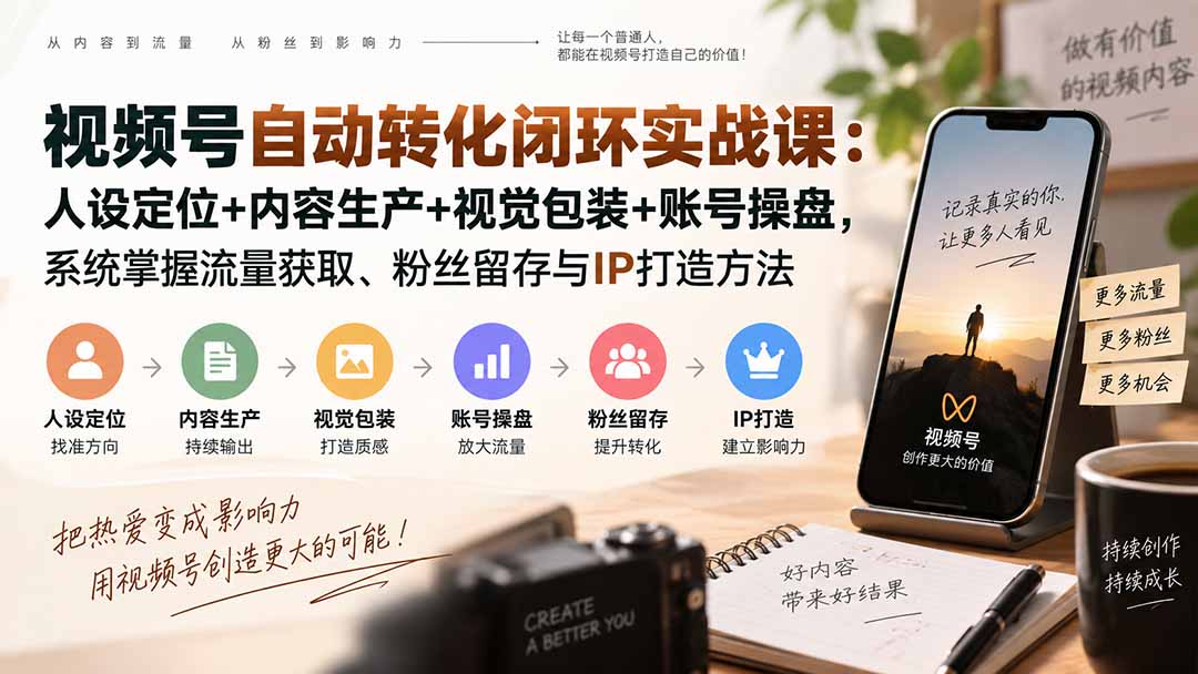 视频号自动转化闭环实战课：人设定位+内容生产+视觉包装+账号操盘，系统掌握流量获取、粉丝留存与IP打造方法-来聚吧