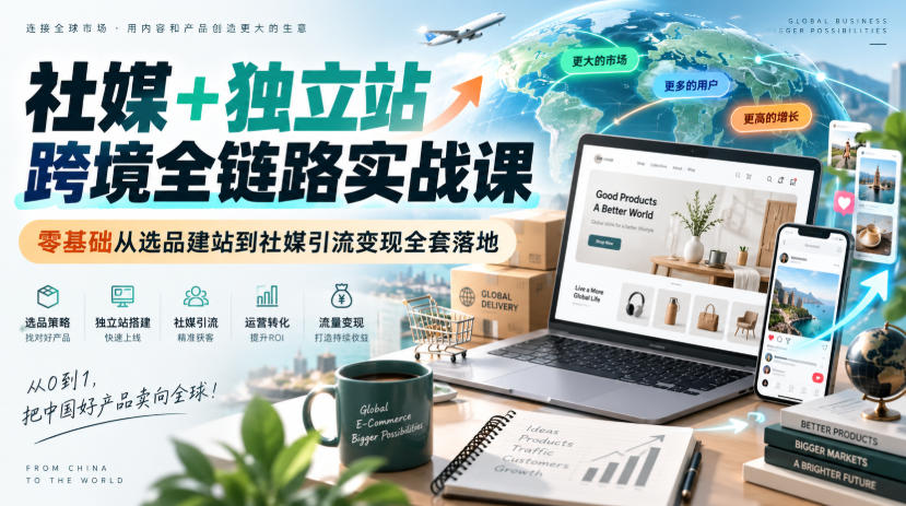 社媒+独立站跨境全链路实战课|零基础从选品建站到社媒引流变现全套落地-来聚吧