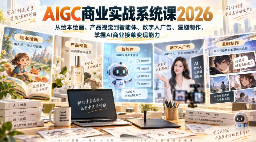 AIGC商业实战系统课2026，从绘本绘画、产品视觉到智能体、数字人广告、漫剧制作，掌握AI商业接单变现能力-来聚吧