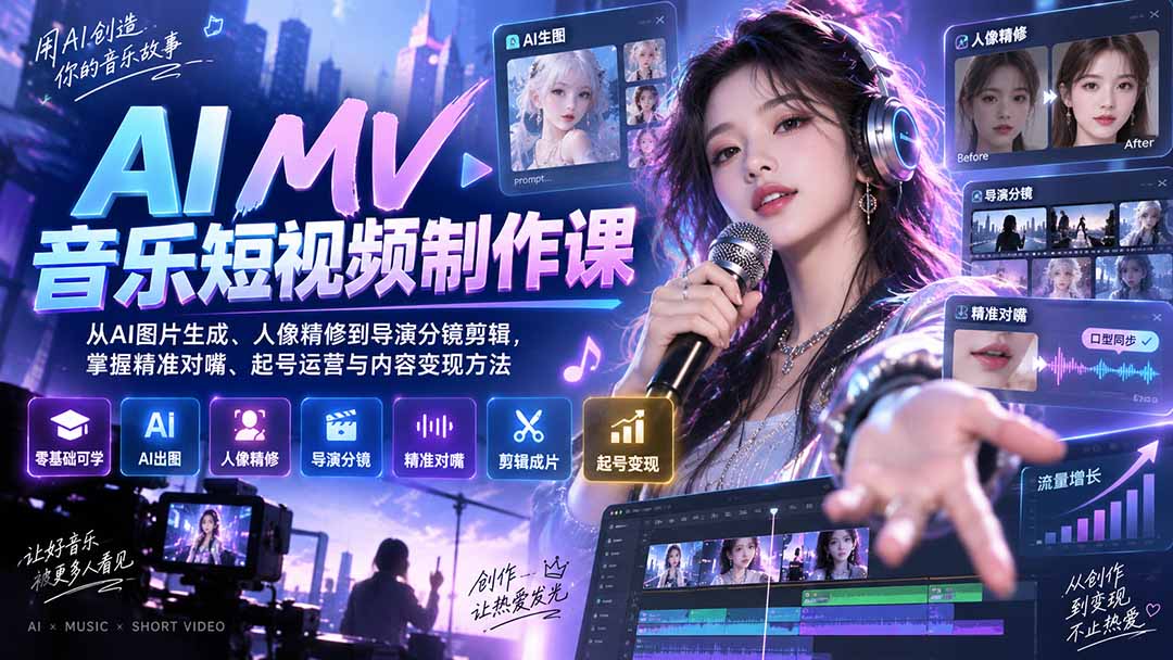 AI MV音乐短视频制作课：从AI图片生成、人像精修到导演分镜剪辑，掌握精准对嘴、起号运营与内容变现方法-来聚吧