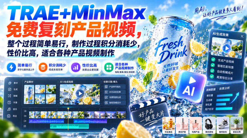 TRAE+MinMax免费复刻产品视频，整个过程简单易行，制作过程积分消耗少，性价比高，适合各种产品视频制作-来聚吧