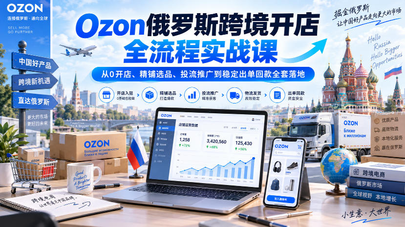Ozon俄罗斯跨境开店全流程实战课｜从0开店、精铺选品、投流推广到稳定出单回款全套落地-来聚吧