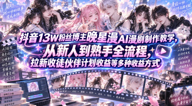 抖音13W粉丝博主晚星漫AI漫剧制作教学，从新人到熟手全流程，拉新收徒伙伴计划收益等多种收益方式，单日1K+-来聚吧
