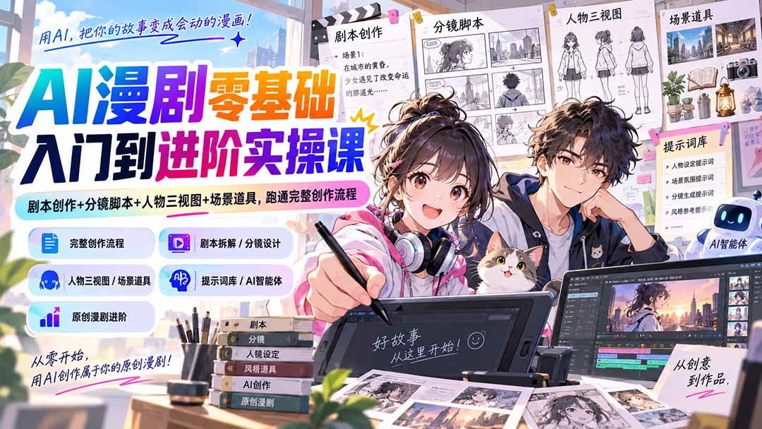 AI漫剧零基础入门到进阶实操课：剧本创作+分镜脚本+人物三视图+场景道具，跑通完整创作流程-来聚吧