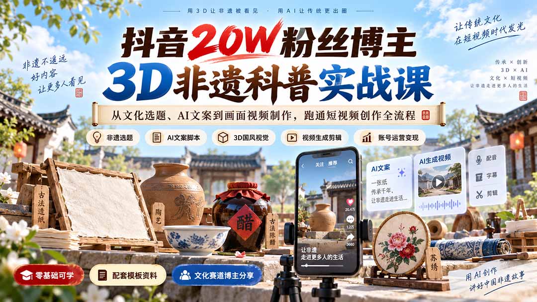 抖音20W粉丝博主3D非遗科普实战课：从文化选题、AI文案到画面视频制作，跑通短视频创作全流程-来聚吧