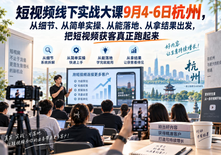 短视频线下实战大课9月4-6日杭州，从细节、从简单实操、从能落地、从拿结果出发，把短视频获客真正跑起来-来聚吧