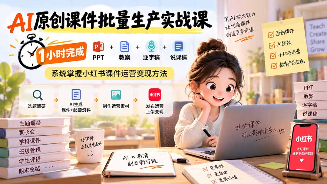 AI原创课件批量生产实战课：1小时完成PPT+教案+逐字稿+说课稿，系统掌握小红书课件运营变现方法-来聚吧