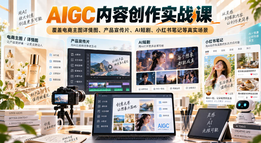 AIGC内容创作实战课,覆盖电商主图详情图、产品宣传片、AI短剧、小红书笔记等真实场景-来聚吧
