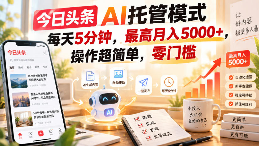 今日头条AI托管模式，每天5分钟，最高月入5000+，操作超简单，零门槛【揭秘】-来聚吧