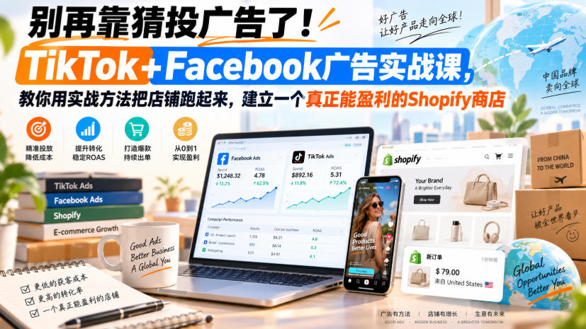别再靠猜投广告了！TikTok+Facebook广告实战课，教你用实战方法把店铺跑起来，建立一个真正能盈利的Shopify商店【原创双语字幕】-来聚吧