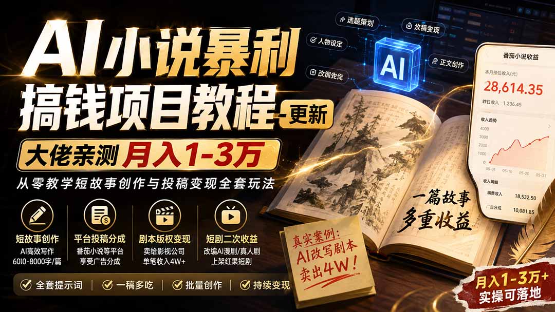 AI小说短故事暴利搞钱项目教程-更新，大佬亲测月入1-3万，从零教学短故事创作与投稿变现全套玩法-来聚吧