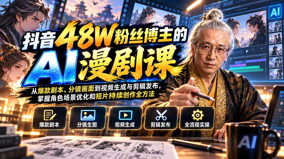 抖音48W粉丝博主的AI漫剧课:从爆款剧本、分镜画面到视频生成与剪辑发布,掌握角色场景优化和短片持续创作全方法-来聚吧