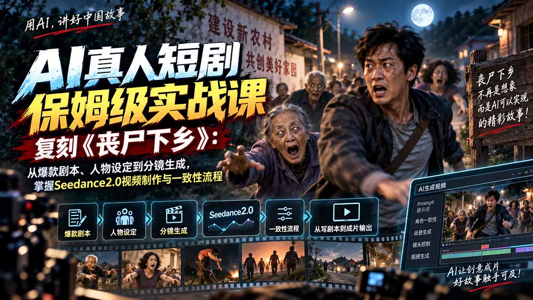 AI真人短剧保姆级实战课,复刻《丧尸下乡》:从爆款剧本、人物设定到分镜生成,掌握Seedance2.0视频制作与一致性流程-来聚吧