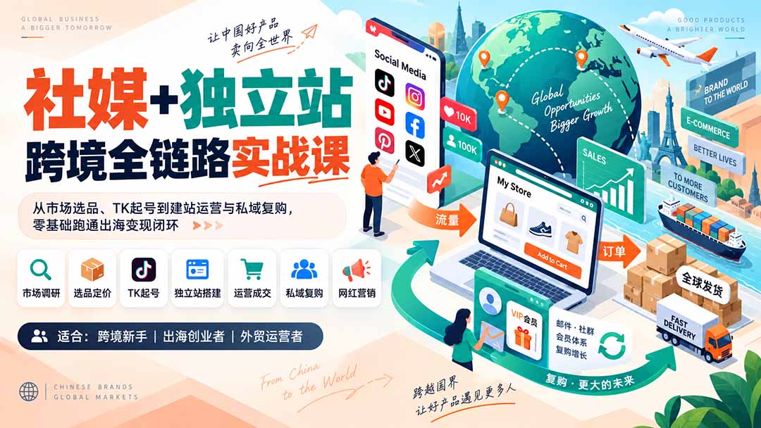 社媒+独立站跨境全链路实战课：从市场选品、TK起号到建站运营与私域复购，零基础跑通出海变现闭环-来聚吧