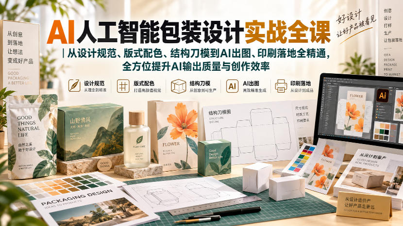 AI人工智能包装设计实战全课｜从设计规范、版式配色、结构刀模到AI出图、印刷落地全精通-来聚吧