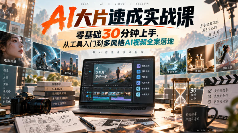 AI大片速成实战课｜零基础30分钟上手，从工具入门到多风格AI视频全案落地​-来聚吧