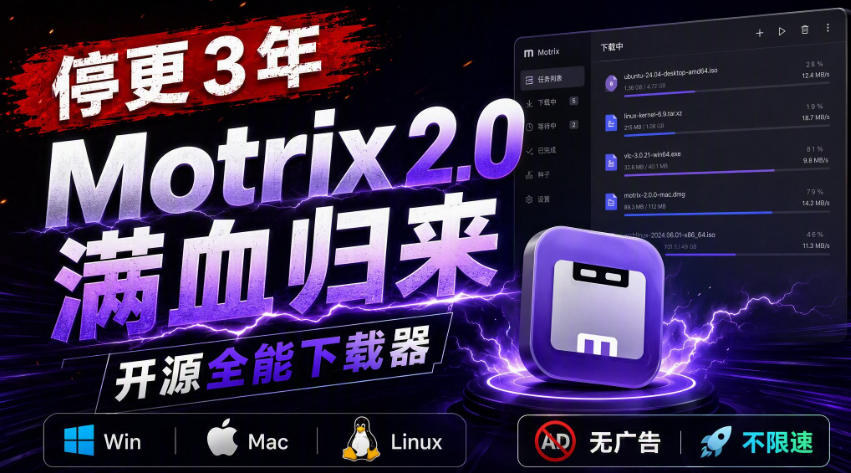 停更3年，Motrix 2.0满血归来：开源全能下载器，Win/Mac/Linux通吃，无广告不限速-来聚吧