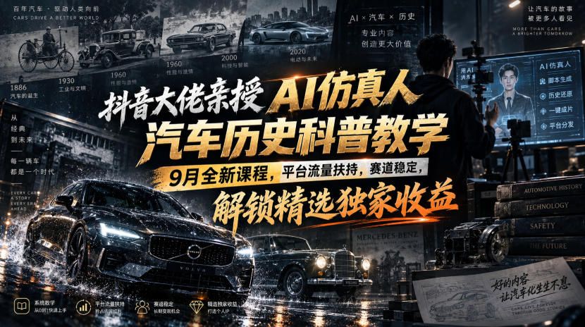 抖音大佬亲授AI仿真人汽车历史科普教学,9月全新课程,平台流量扶持,赛道稳定,解锁精选独家收益-来聚吧