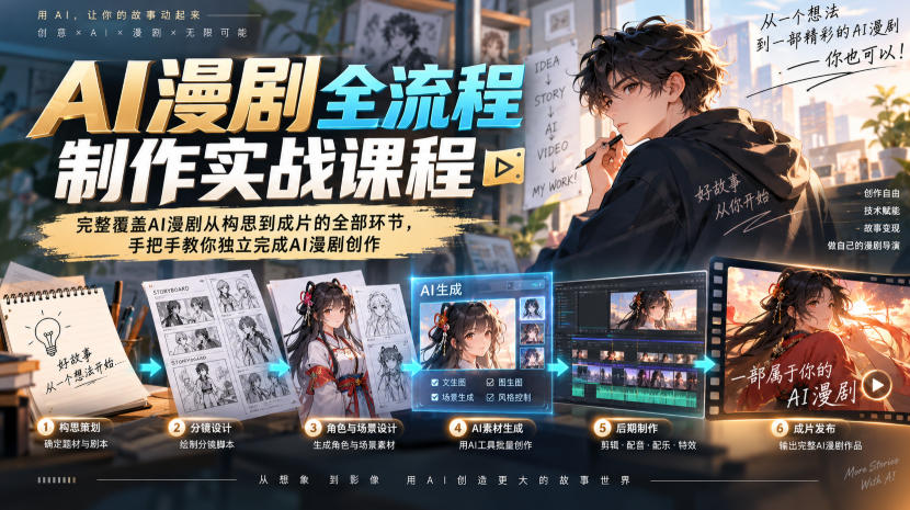 AI漫剧全流程制作实战课程，完整覆盖AI漫剧从构思到成片的全部环节，手把手教你独立完成AI漫剧创作-来聚吧