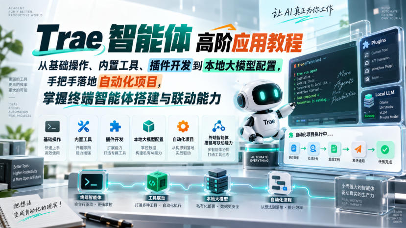 Trae智能体高阶应用教程，从基础操作、内置工具、插件开发到本地大模型配置，手把手落地自动化项目-来聚吧