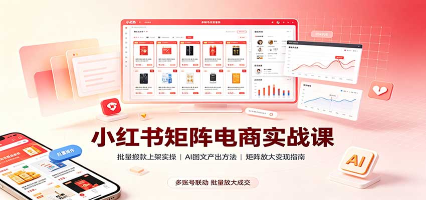 小红书矩阵电商实战课:批量搬款上架实操,AI图文产出,矩阵放大变现指南-来聚吧