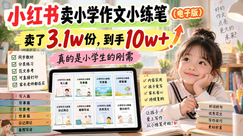 小红书卖小学作文小练笔(电子版)，卖了3.1w份，到手10w+，真的是小学生的刚需-来聚吧