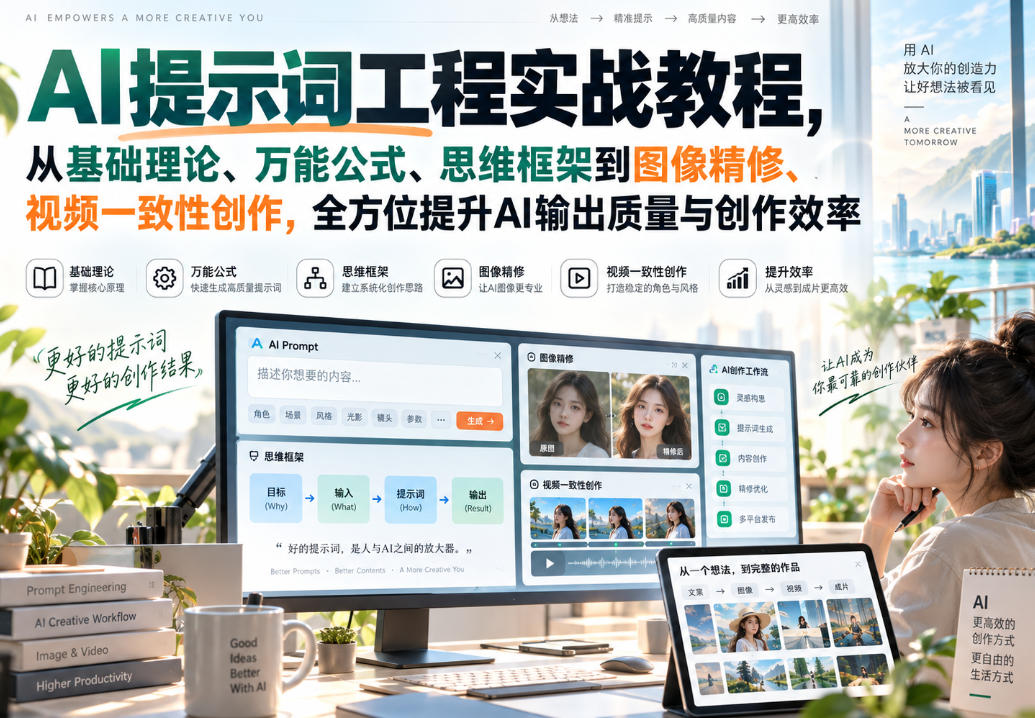 AI提示词工程实战教程,从基础理论、万能公式、思维框架到图像精修、视频一致性创作,全方位提升AI输出质量与创作效率-来聚吧