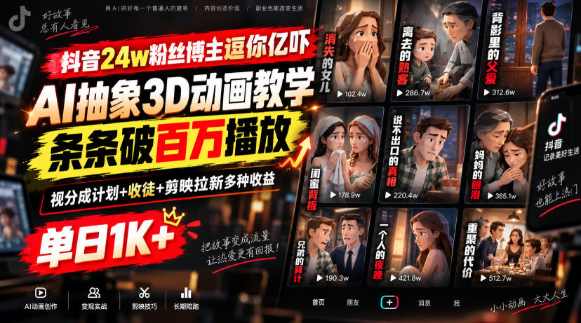 抖音24w粉丝博主逗你亿吓AI抽象3D动画教学，条条破百万播放，分成计划+收徒+剪映拉新多种收益，单日1K+-来聚吧