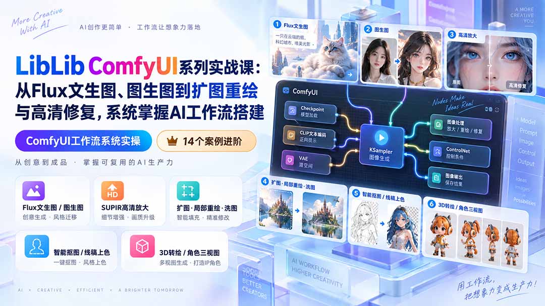 LibLib ComfyUI系列实战课:从Flux文生图、图生图到扩图重绘与高清修复,系统掌握AI工作流搭建-来聚吧