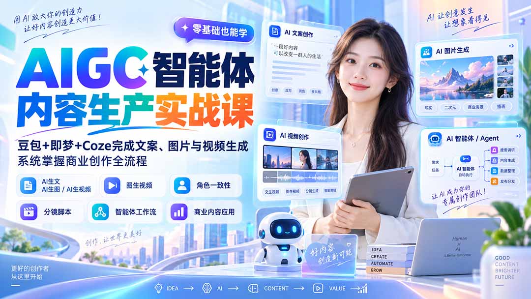 AIGC智能体内容生产实战课:豆包+即梦+Coze完成文案、图片与视频生成,系统掌握商业创作全流程-来聚吧