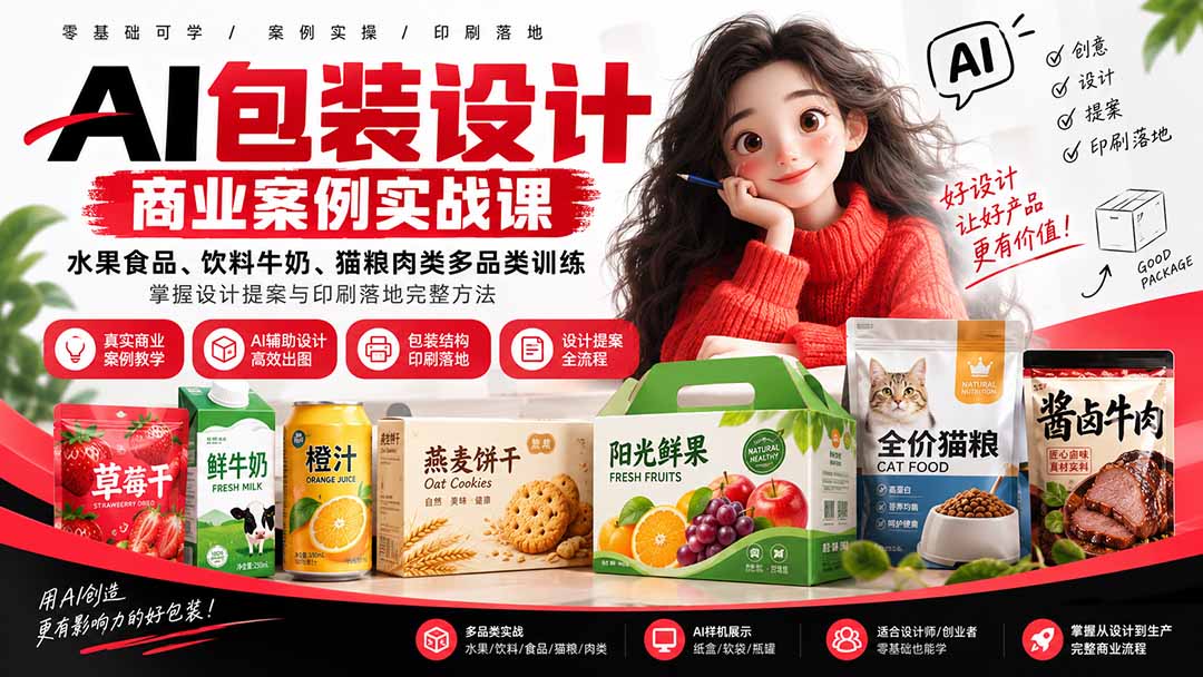 AI包装设计商业案例实战课:水果食品、饮料牛奶、猫粮肉类多品类训练,掌握设计提案与印刷落地完整方法-来聚吧