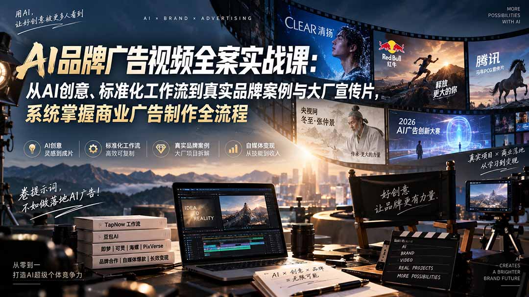 AI品牌广告视频全案实战课：从AI创意、标准化工作流到真实品牌案例与大厂宣传片，系统掌握商业广告制作全流程-来聚吧