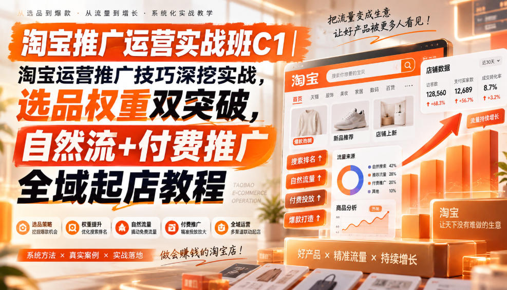 淘宝推广运营实战班C1｜淘宝运营推广技巧深挖实战，选品权重双突破，自然流+付费推广全域起店教程-来聚吧