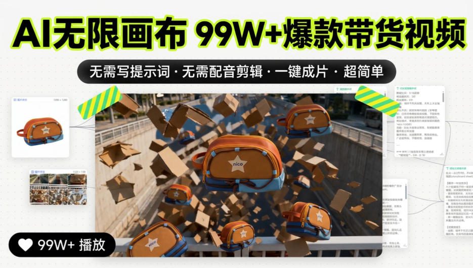 AI无限画布99W+爆款带货视频，无需写提示词·无需配音剪辑·一键成片·超简单-来聚吧
