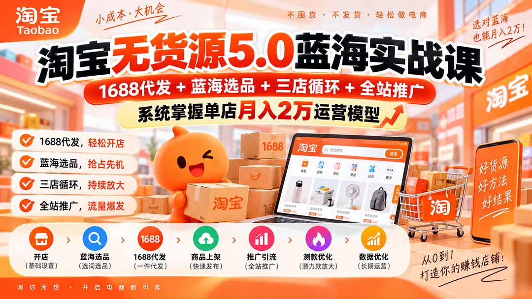 淘宝无货源5.0蓝海实战课-更新:1688代发+蓝海选品+三店循环+全站推广,系统掌握单店月入2万运营模型-来聚吧