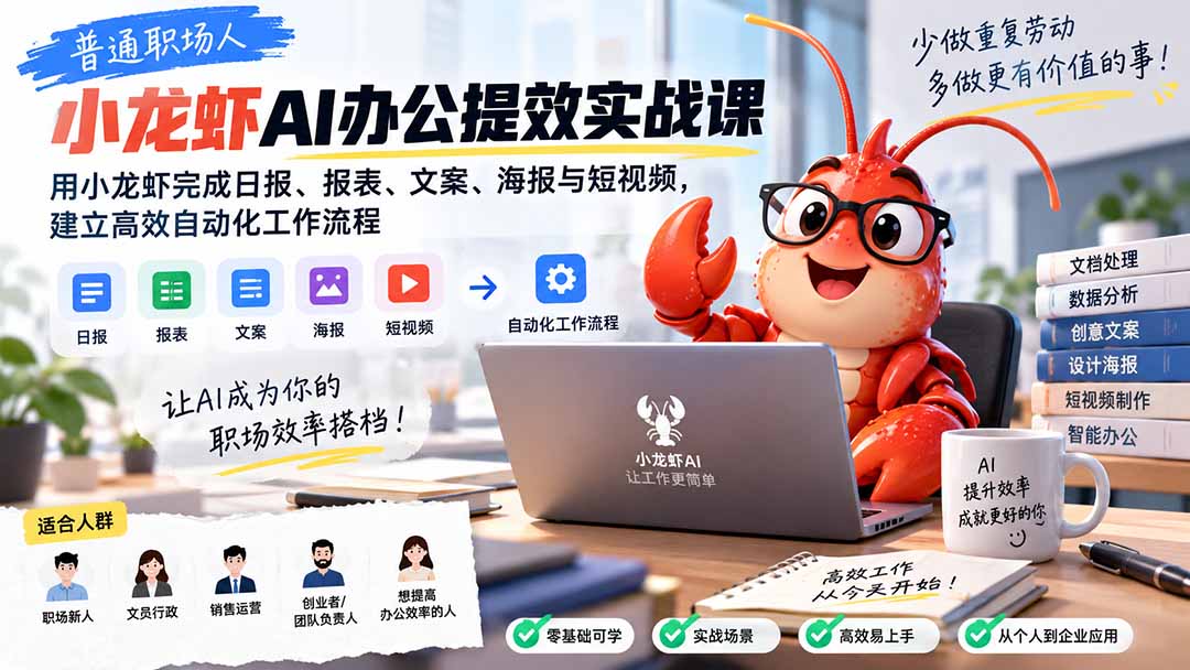 普通职场人AI办公提效实战课:用小龙虾完成日报、报表、文案、海报与短视频,建立高效自动化工作流程-来聚吧