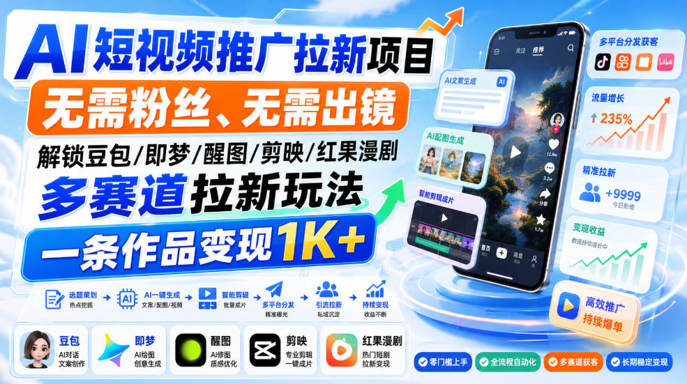 AI短视频推广拉新项目，无需粉丝、无需出镜，解锁豆包/即梦/醒图/剪映/红果漫剧多赛道拉新玩法，一条作品变现1K+(更新0910)-来聚吧