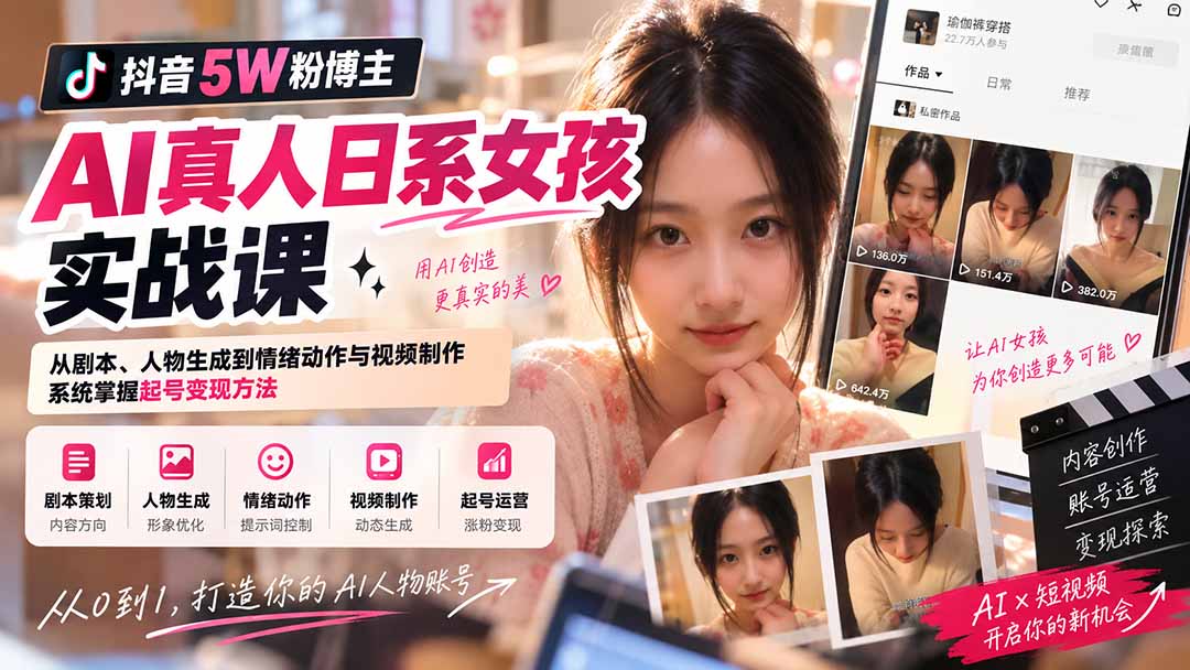 抖音5W粉博主AI真人日系女孩实战课:从剧本、人物生成到情绪动作与视频制作,系统掌握起号变现方法-来聚吧