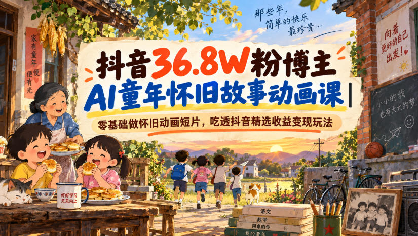 抖音36.8W粉博主AI童年怀旧故事动画课|零基础做怀旧动画短片,吃透抖音精选收益变现玩法-来聚吧
