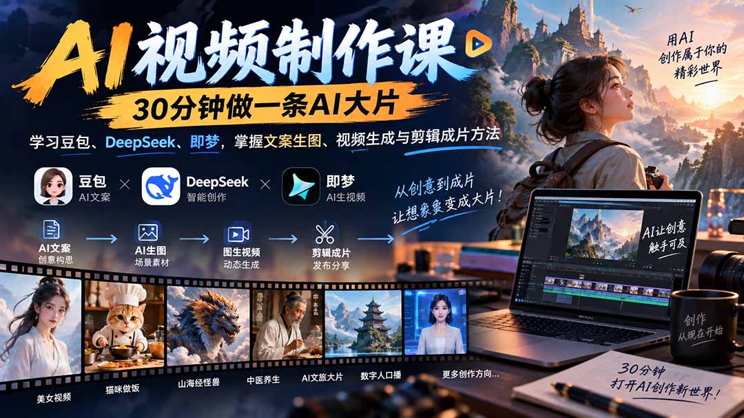 AI视频制作课-30分钟做一条AI大片:学习豆包、DeepSeek、即梦,掌握文案生图、视频生成与剪辑成片方法-来聚吧