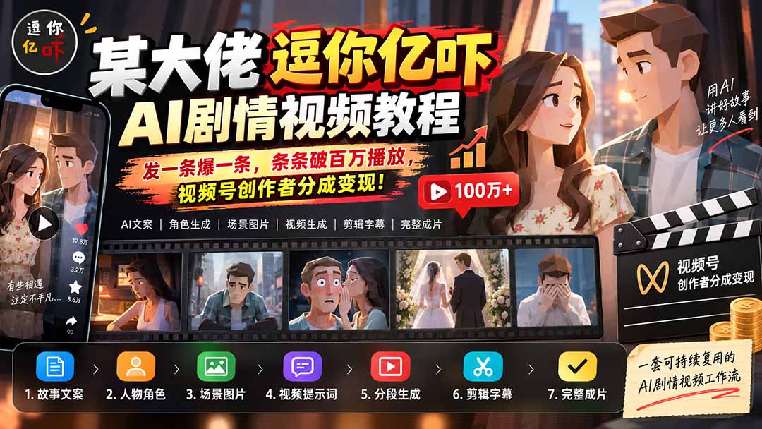 某大佬逗你亿吓AI低模剧情视频制作教程:发一条爆一条,条条破百万播放,利用视频号创作者分成变现!-来聚吧