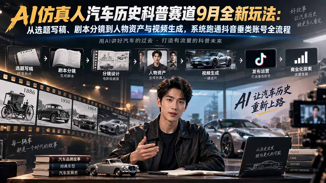 AI仿真人汽车历史科普赛道9月全新玩法:从选题写稿、剧本分镜到人物资产与视频生成,系统跑通抖音垂类账号全流程-来聚吧