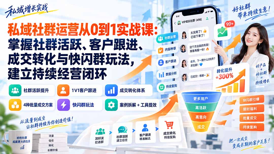 私域社群运营从0到1实战课:掌握社群活跃、客户跟进、成交转化与快闪群玩法,建立持续经营闭环-来聚吧