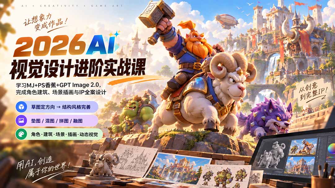 2026AI视觉设计进阶实战课-更新:学习MJ+PS香蕉+GPT Image 2.0,完成角色建筑、场景插画与IP全案设计-来聚吧